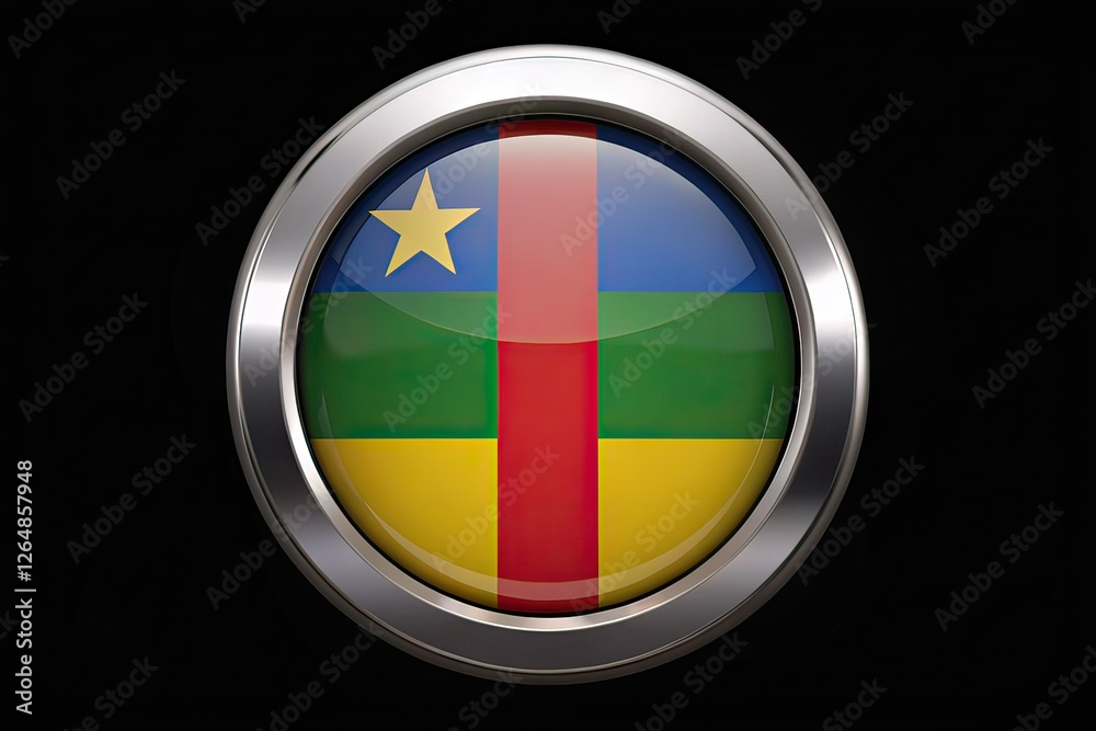 Fototapeta premium Central African Republic Flag Glossy Button, Metallic Frame, Night Photography