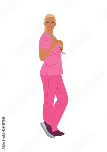Female doctor, nurse character side view full length. Young confident healthcare professional wearing pink medical uniform with stethoscope. Blond pretty girl Vector realistic illustration isolated.