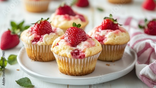 Strawberry cream cupcakes on a white plate with fresh mint garnish