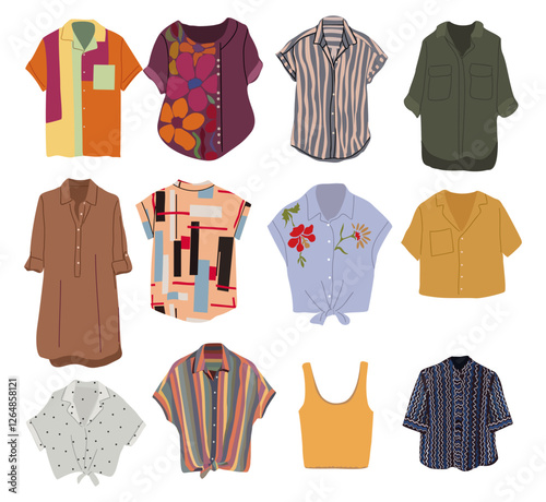 Fashion shirts, tops, blouses set. Modern womens apparel, clothes, casual garments. Flat vector illustrations isolated on transparent background.