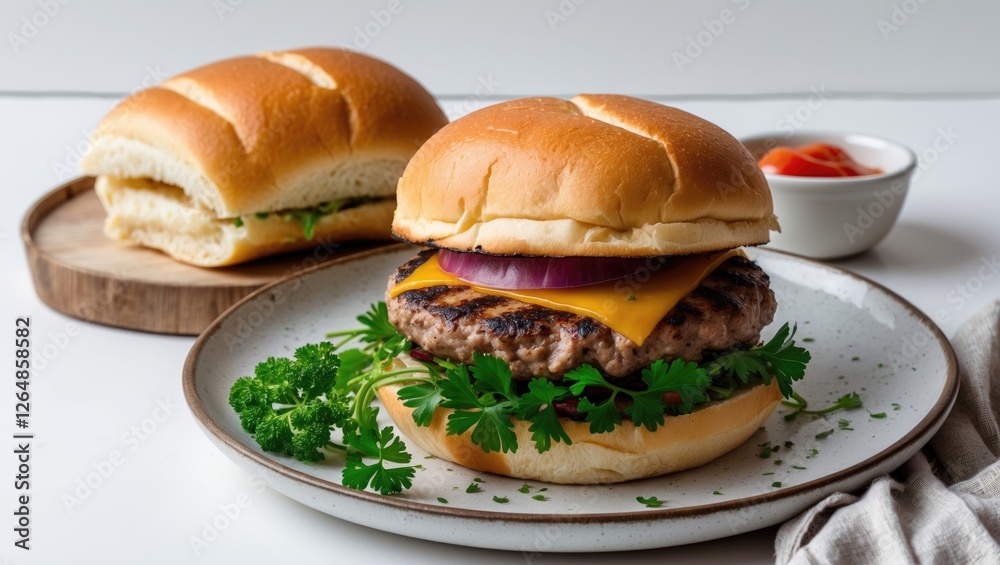 Grilled hamburger with cheddar cheese served on a plate with fresh herbs and two sandwich buns in the background with sauce in a bowl Grilled hamburger with cheddar cheese served on a plate with fresh herbs and two sandwich buns in the background with sauce in a bowl