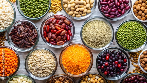 Colorful Assortment of Legumes and Beans in Glass Bowls – High-Protein Plant-Based Food photo