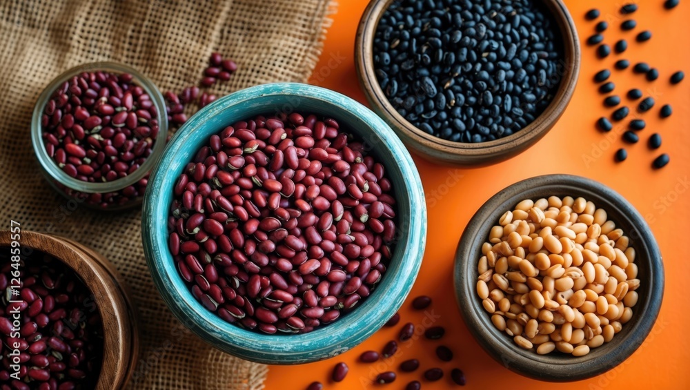 Assorted Variety of Beans in Bowls on Orange Background with Natural Burlap Texture and Copy Space