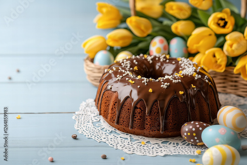 Czekoladowa babka Wielkanocna,  żółte tulipany photo