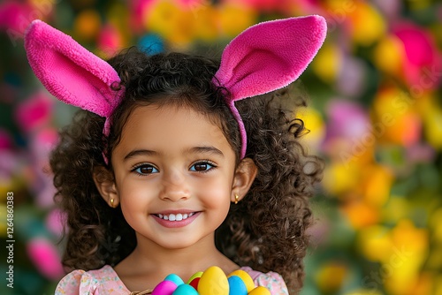 Radiant little girl with curly brown hair and pink bunny ears enjoying a joyful Easter egg hunt in a sunny park. Copy space.