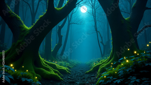 Magical Moonlit Forest – Enchanted Woodland with Glowing Fireflies.