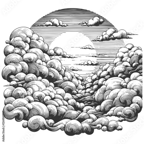 dramatic cloudscape with the sun in the background, featuring swirling, textured clouds in a classic etching style sketch engraving generative ai vector illustration. Scratch board. Black and white.