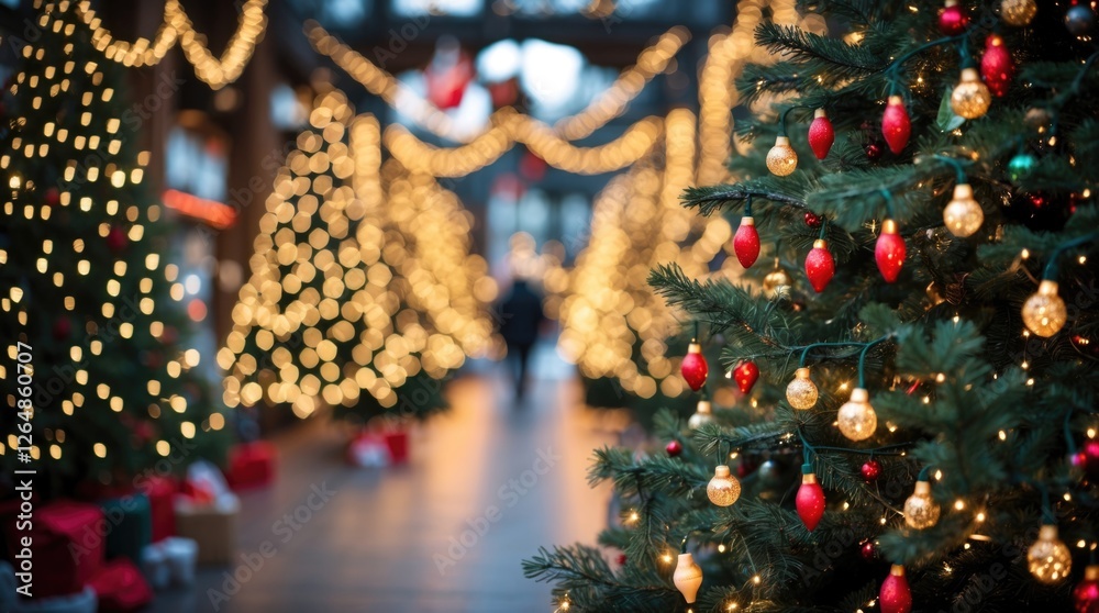 Decorated Christmas trees with warm lights and ornaments in festive holiday setting with blurred background and copy space Decorated Christmas trees with warm lights and ornaments in festive holiday setting with blurred background and copy space