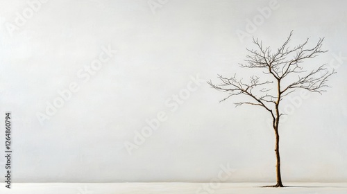 Bare tree standing alone in a minimalist white room interior with natural light and shadows