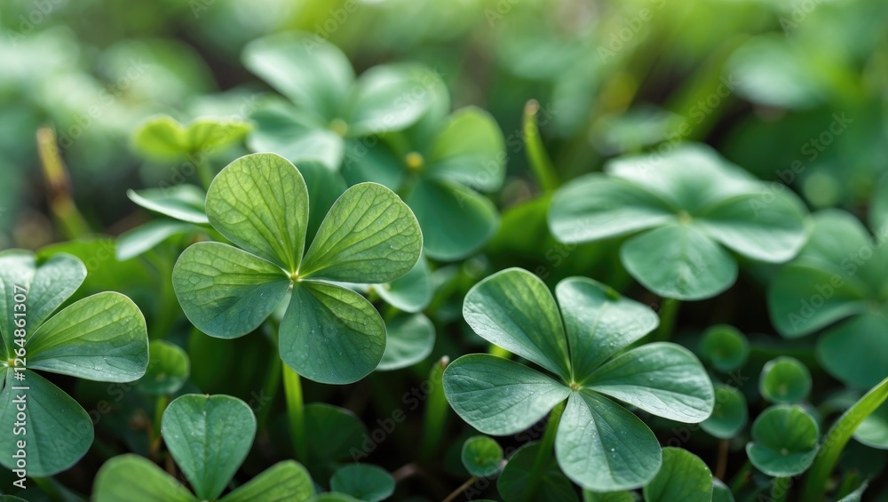 Close-up of four-leaf clovers with vibrant green leaves in natural sunlight Copy Space Close-up of four-leaf clovers with vibrant green leaves in natural sunlight Copy Space