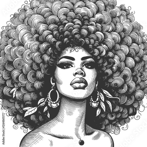 woman with a voluminous afro hairstyle and hoop earrings, exuding strength, beauty, and vintage artistic elegance sketch engraving generative ai vector illustration. Scratch board. Black and white.