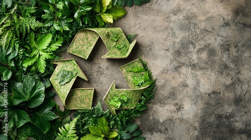 Green recycling logo integrated with leaves and natural textures, set against a light ecofriendly backdrop, clean design photo