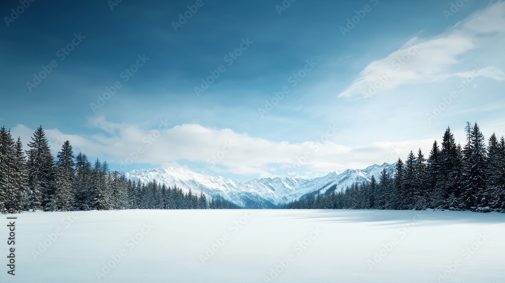 Snowy landscape with mountain range in the background under a clear blue sky Snowy landscape with mountain range in the background under a clear blue sky