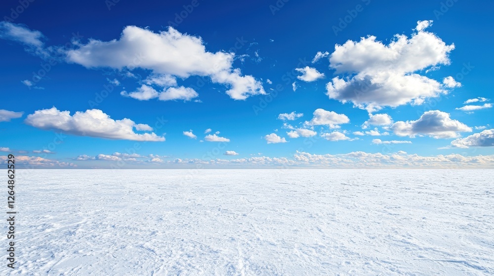 Snow covered field under bright blue sky with clear weather and natural landscape Snow covered field under bright blue sky with clear weather and natural landscape