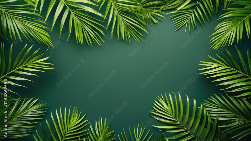 Tropical green palm leaves border on a solid green background with copy space for text or design elements. Tropical green palm leaves border on a solid green background with copy space for text or design elements.