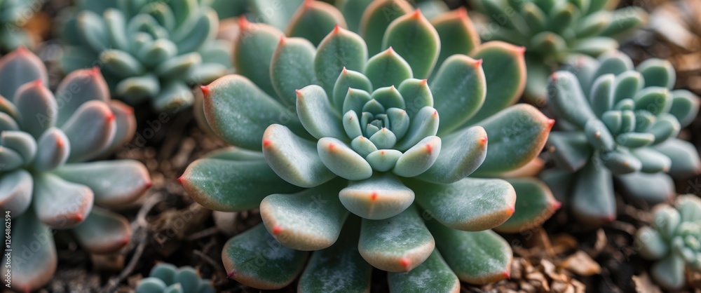 Close-up view of vibrant green succulent plants with reddish edges growing in natural soil background Copy Space Close-up view of vibrant green succulent plants with reddish edges growing in natural soil background Copy Space