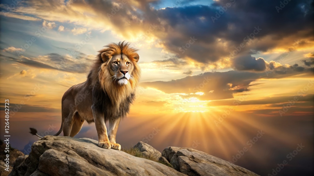 Obraz premium Majestic Lion Standing on Rock Against Dramatic Sunset Sky