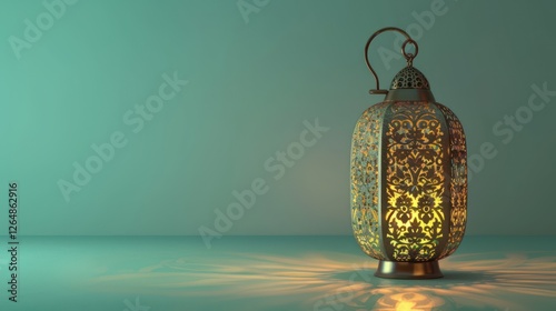 A classic Ramadan lantern with intricate brass patterns, glowing against a pastel mint green backdrop for a calming effect.