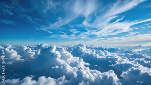 Blue sky with fluffy white cumulus clouds scattered across the horizon detailed cloud formation in a sunny atmosphere Copy Space photo