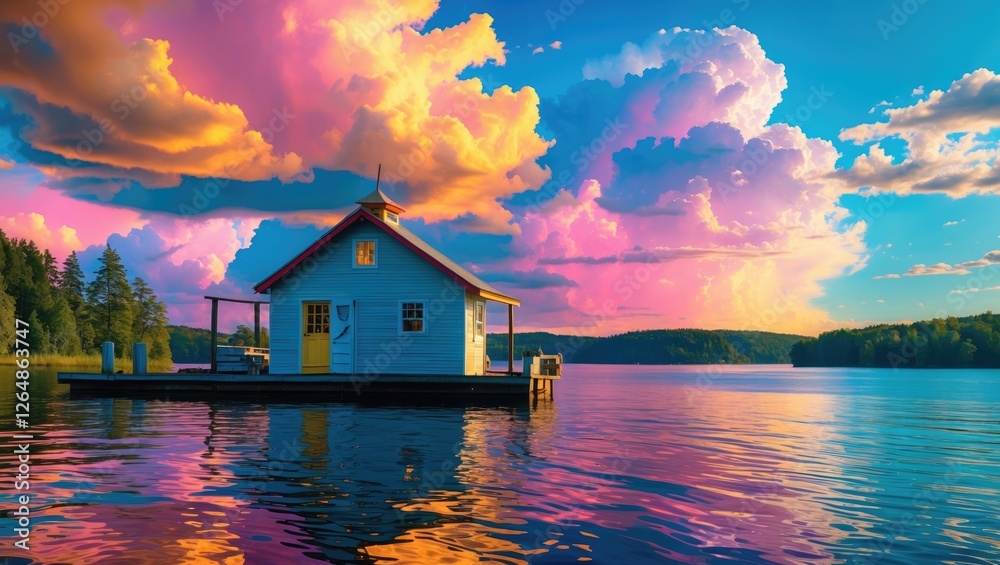 Fototapeta premium Colorful sunset over a serene lake featuring a small wooden house on a floating dock surrounded by lush greenery and dramatic clouds Copy Space