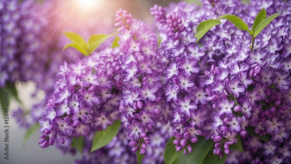 Fototapeta premium Lilac flowers in full bloom with vibrant purple colors and green leaves against a soft background with natural light Copy Space