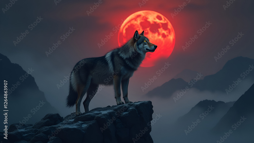 Majestic Wolf Howling at Blood Moon – Dark Fantasy Mountain Landscape. Majestic Wolf Howling at Blood Moon – Dark Fantasy Mountain Landscape.