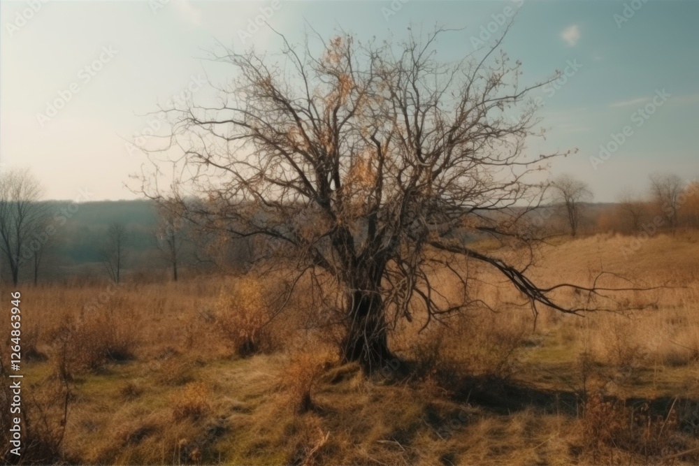 Solitary Tree Stands Tall Amidst an Autumn Field Landscape on a Sunny Day Solitary Tree Stands Tall Amidst an Autumn Field Landscape on a Sunny Day