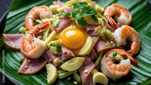 Colorful seafood salad featuring shrimp, ham, vegetables, and a raw egg on a green leaf background with Copy Space photo