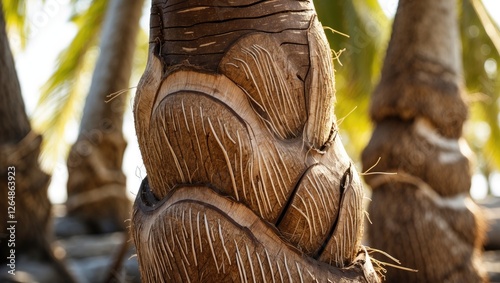 Detailed close-up of textured coconut tree trunk with visible fiber patterns and sunlight filtering through palm leaves Copy Space photo