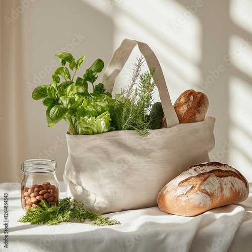 Reusable cotton tote bag filled with organic vegetables, herbs, and sourdough bread, with a glass jar of nuts beside it, set on a light-colored surface, highlighting a plastic-free shopping habit.