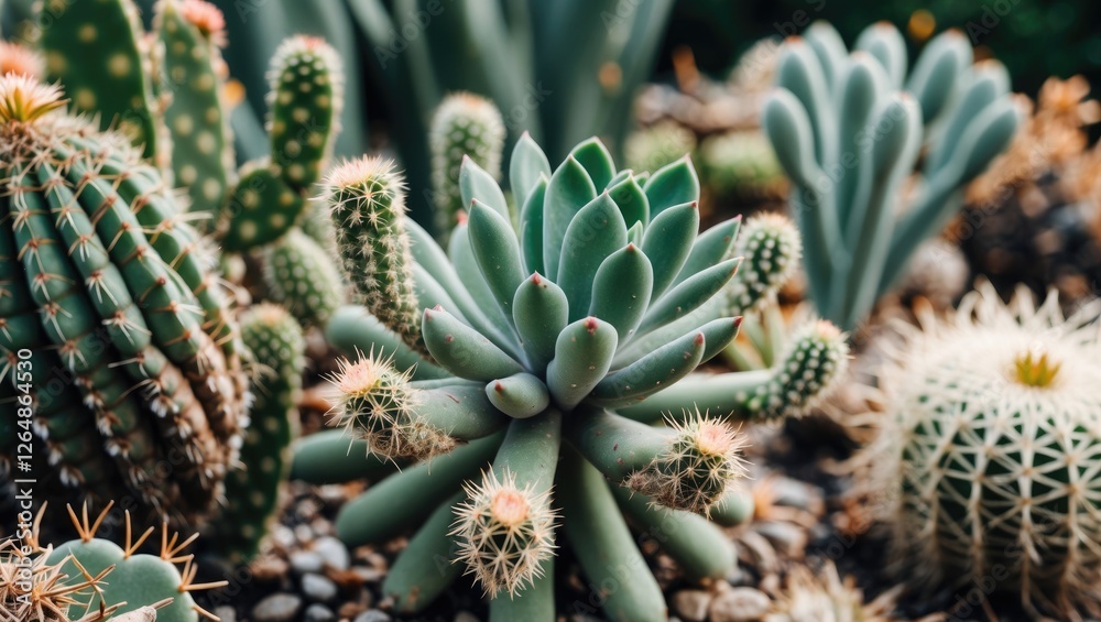 Assorted varieties of cacti and succulents in a garden setting with textured soil and stones Copy Space Assorted varieties of cacti and succulents in a garden setting with textured soil and stones Copy Space