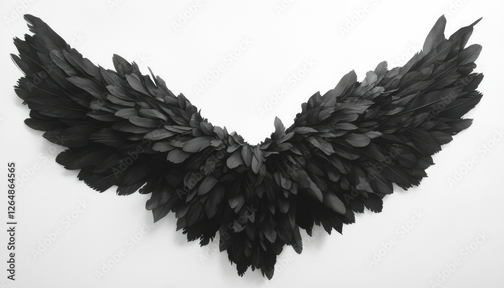 Fototapeta premium Black Angel wings displayed on white wall for artistic or symbolic representation