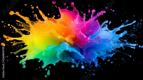 Vibrant rainbow colored liquid explosion creating dynamic splashes on black