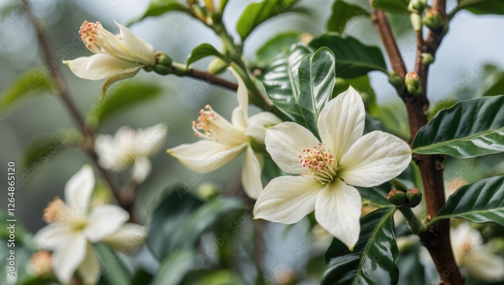 White coffee flowers blooming on a green coffee plant with glossy leaves against a blurred background Copy Space White coffee flowers blooming on a green coffee plant with glossy leaves against a blurred background Copy Space