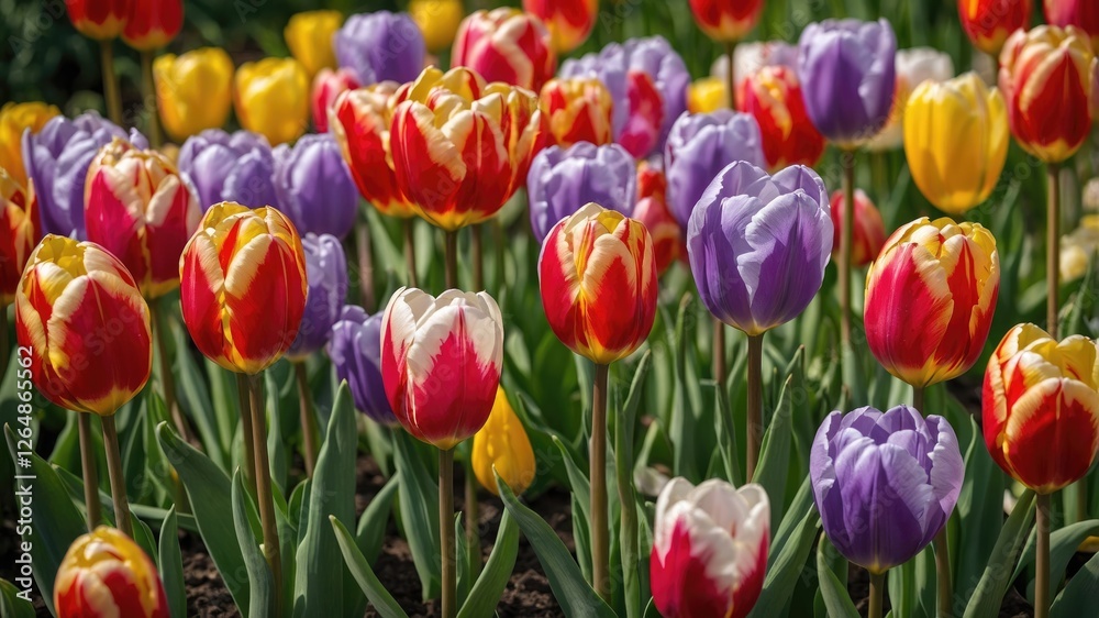 Colorful mixed tulip flowers in full bloom with vibrant red, yellow, and purple petals in a garden setting with green leaves and stems. Copy Space Colorful mixed tulip flowers in full bloom with vibrant red, yellow, and purple petals in a garden setting with green leaves and stems. Copy Space