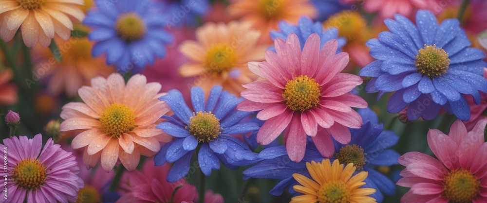 Fototapeta premium Colorful blooming flowers in a garden with droplets of water on petals, suitable for nature-themed backgrounds, Copy Space