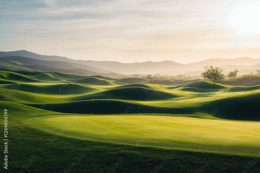 Obraz premium modern minimalist golf course at golden hour, with rolling hills and dramatic shadows across pristine greens