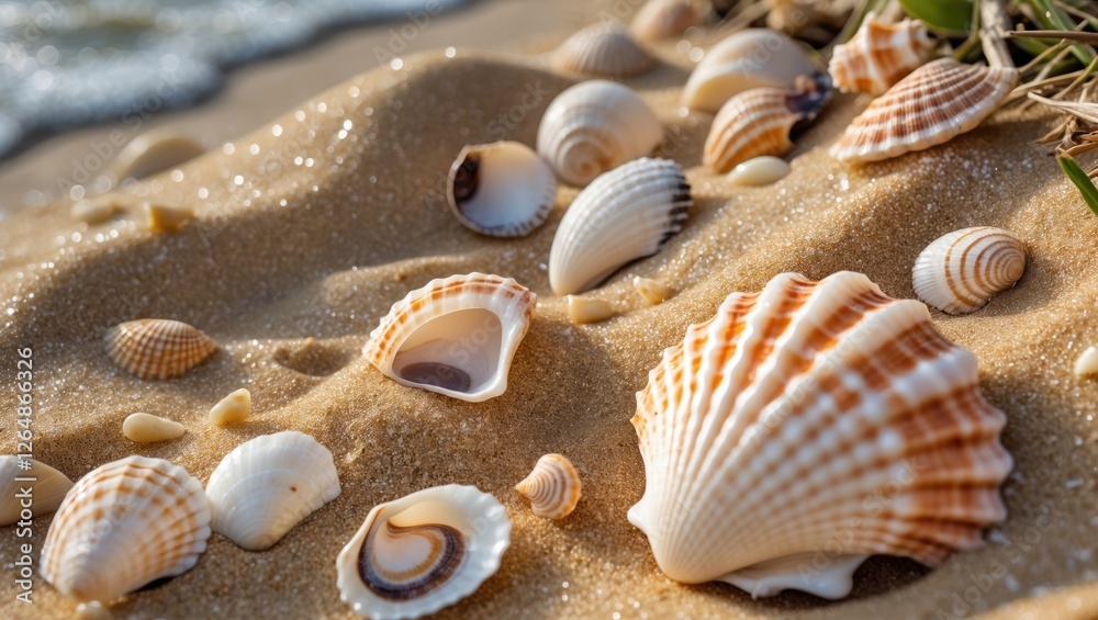 Assorted seashells scattered on sandy beach with soft ocean waves in the background natural textures and colors Copy Space Assorted seashells scattered on sandy beach with soft ocean waves in the background natural textures and colors Copy Space