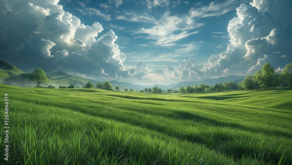 Obraz premium Vast green meadow landscape under a dramatic sky with fluffy clouds and distant hills daytime scene Copy Space