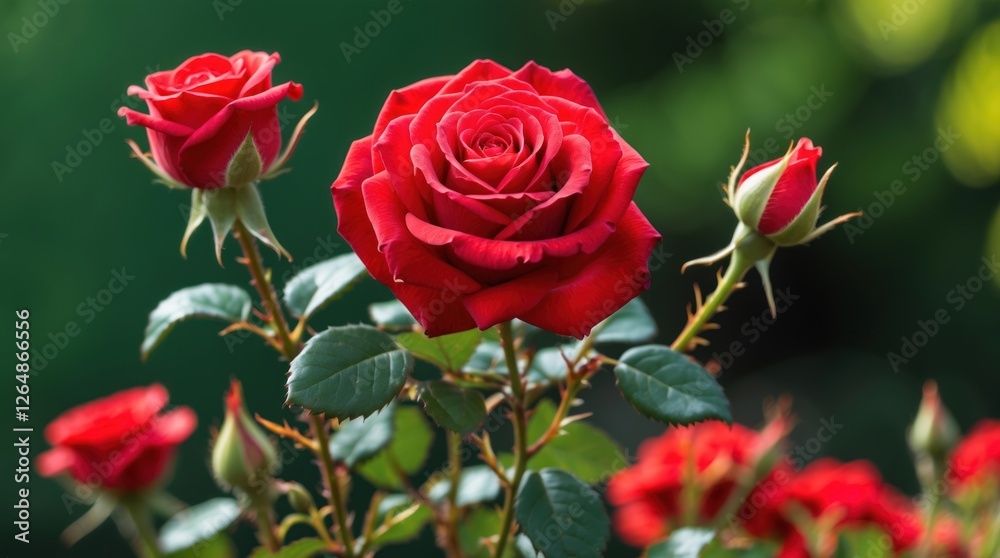Red roses in garden with lush green background and buds, bright sunlight highlighting petals, beautiful floral composition, Copy Space Red roses in garden with lush green background and buds, bright sunlight highlighting petals, beautiful floral composition, Copy Space