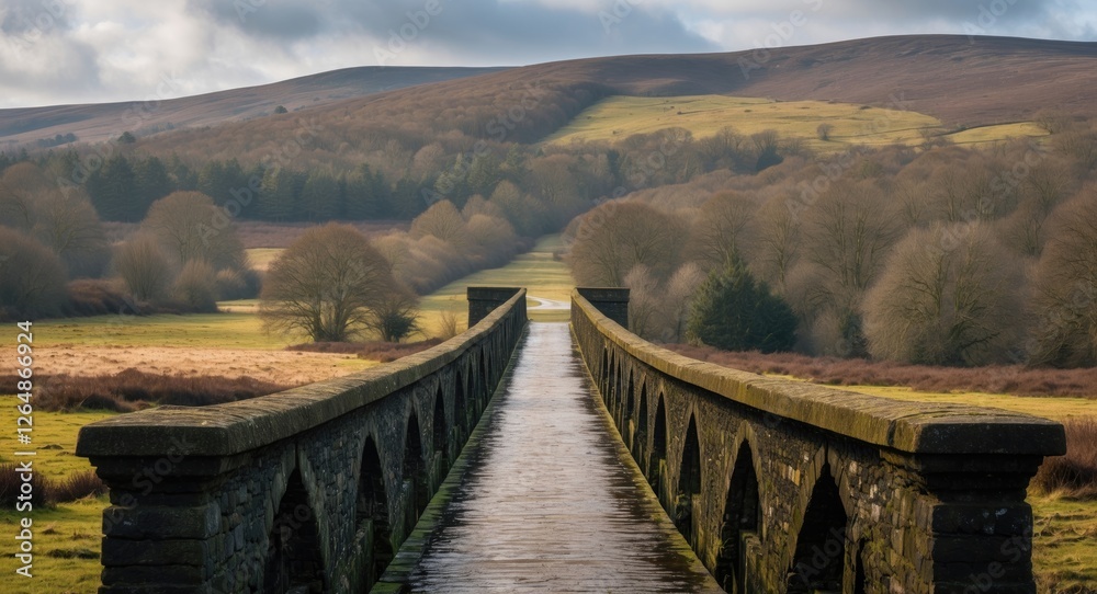 Stone arch bridge crossing tranquil water with lush green hills and trees in the background under a cloudy sky landscape image Copy Space Stone arch bridge crossing tranquil water with lush green hills and trees in the background under a cloudy sky landscape image Copy Space