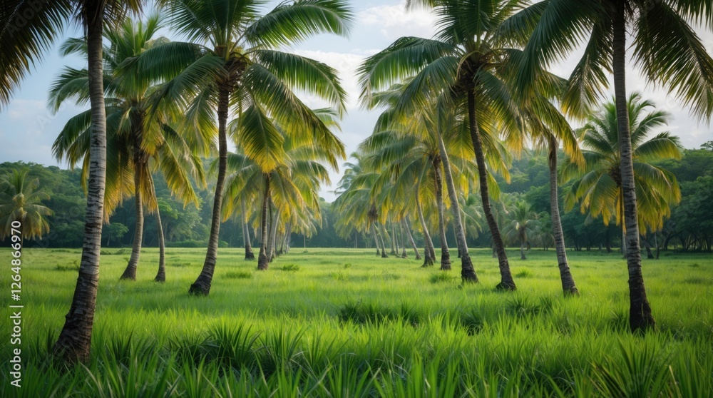 Lush green landscape with tall palm trees and vibrant grass under a bright sky Copy Space Lush green landscape with tall palm trees and vibrant grass under a bright sky Copy Space