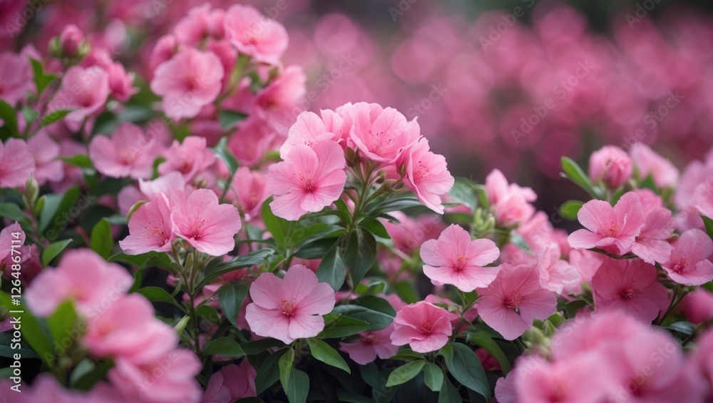 Blooming pink flowers with lush green leaves in a vibrant garden setting Soft focus background with Copy Space for text Blooming pink flowers with lush green leaves in a vibrant garden setting Soft focus background with Copy Space for text