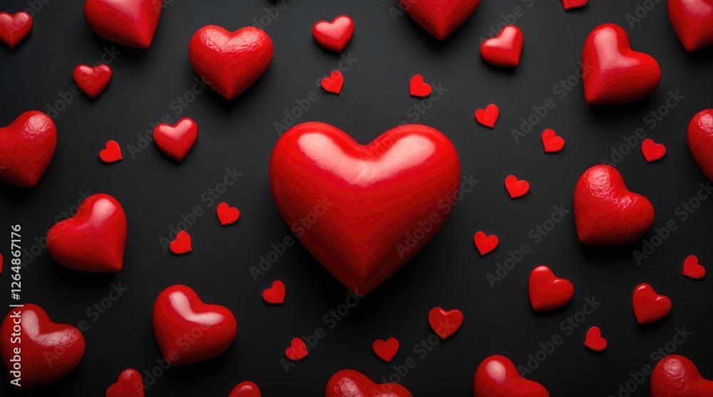 Red hearts scattered on black background with large central heart and smaller hearts creating a romantic themed composition Copy Space Red hearts scattered on black background with large central heart and smaller hearts creating a romantic themed composition Copy Space