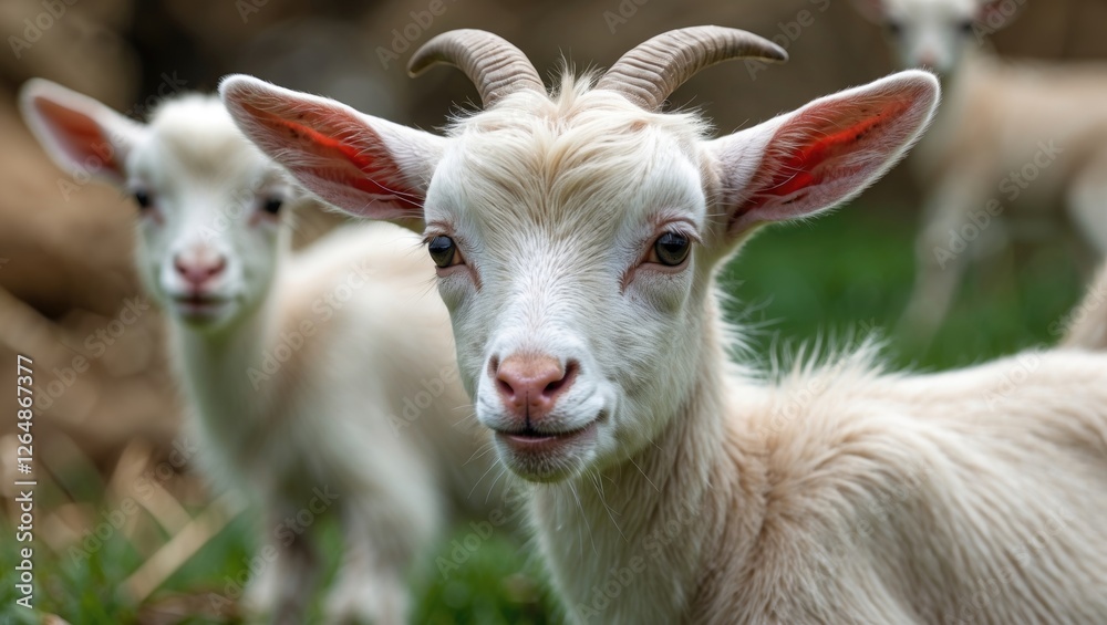 Close-up of a young goat with prominent ears and warm expression surrounded by greenery and blurred goats in background Copy Space Close-up of a young goat with prominent ears and warm expression surrounded by greenery and blurred goats in background Copy Space