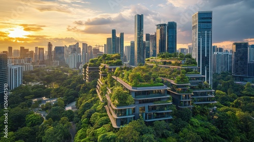 Scenic View of Urban Skyline with Lush Green Rooftops and Trees at Sunset