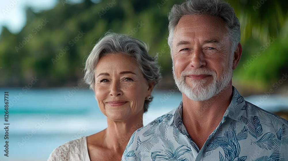 Smiling senior couple engaging in yoga practice together on a beautiful tropical beach coastline embracing a healthy and active lifestyle during their retirement years Smiling senior couple engaging in yoga practice together on a beautiful tropical beach coastline embracing a healthy and active lifestyle during their retirement years