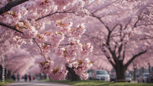 Cherry blossom trees in full bloom along a pathway with pink flowers and blurred background of people and cars Copy Space photo