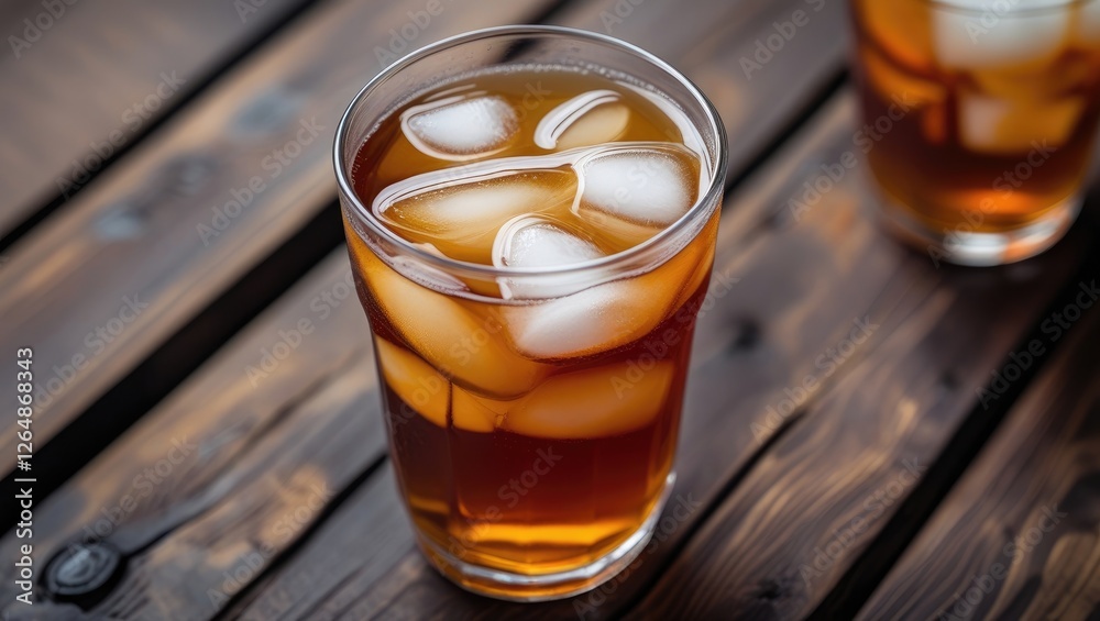 Glass of iced tea with ice cubes on a wooden table with a blurred background of another drink Copy Space Glass of iced tea with ice cubes on a wooden table with a blurred background of another drink Copy Space