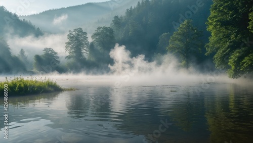 Foggy river landscape with mist over water surrounded by lush greenery and distant mountains in early morning light Copy Space